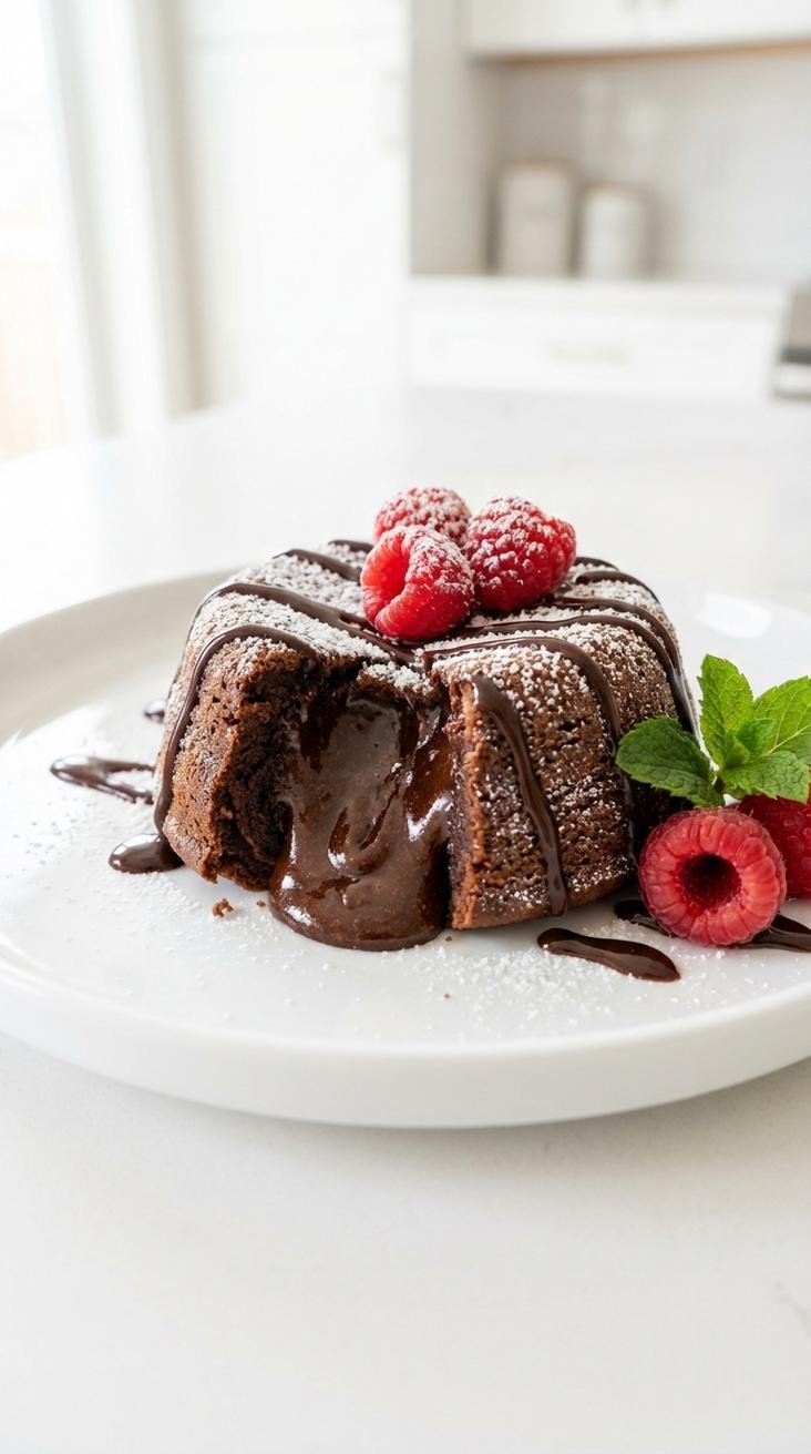 chocolate lava cake air fryer — hero featured shot — finished dish top-down on white plate