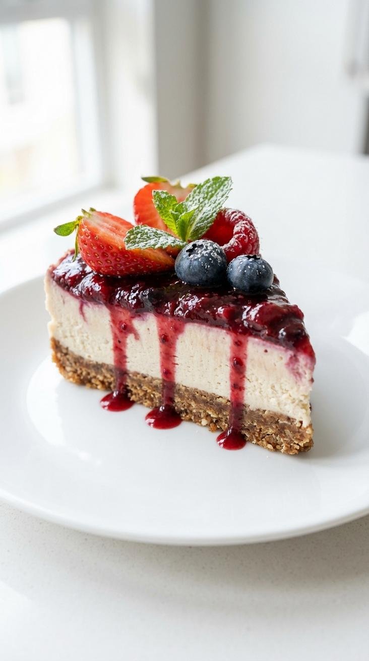 no bake cheesecake without cream cheese — hero featured shot — finished dish top-down on white plate
